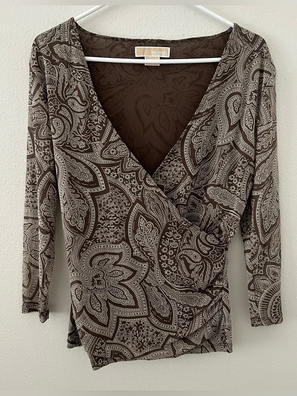 Michael Kors Brown Paisley Mesh Faux Wrap Top Womens M Sheer 3/4 Sleeve Boho Y2K